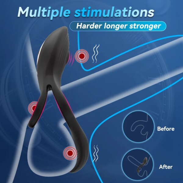 Anneau de pénis à double anneau télécommandé sans fil, éjaculation retardée, agrandissement, érection, vibration à double point, jouet sexuel masculin – Image 3