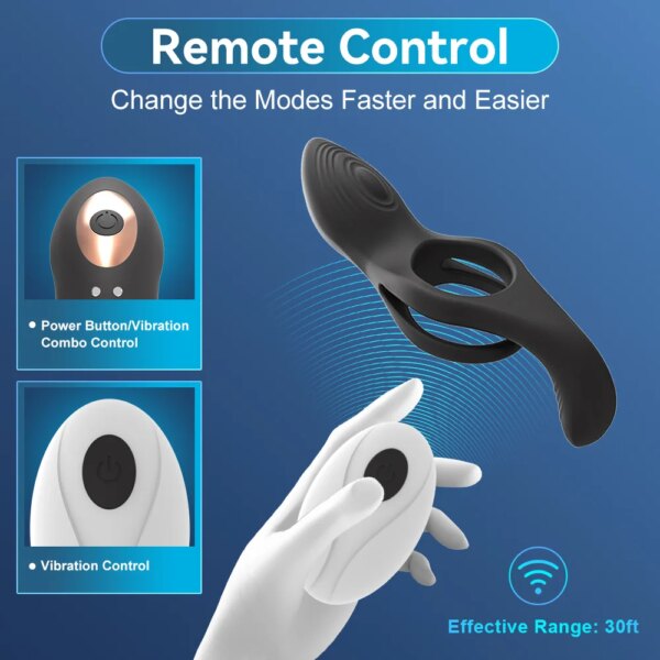 Anneau de pénis à double anneau télécommandé sans fil, éjaculation retardée, agrandissement, érection, vibration à double point, jouet sexuel masculin – Image 4