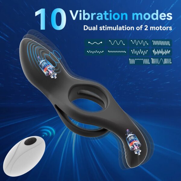 Anneau de pénis à double anneau télécommandé sans fil, éjaculation retardée, agrandissement, érection, vibration à double point, jouet sexuel masculin – Image 2