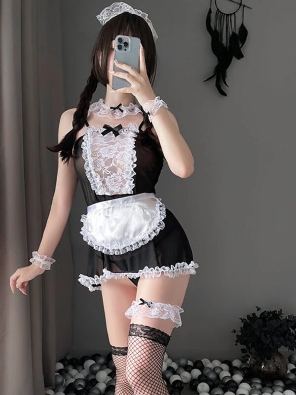 Costume de serveuse Lolita pour femme, robe de femme de chambre, tablier français, uniforme de nuisette chaude, lingerie sexy, costume de cosplay, 7 plis, jouer de même – Image 4