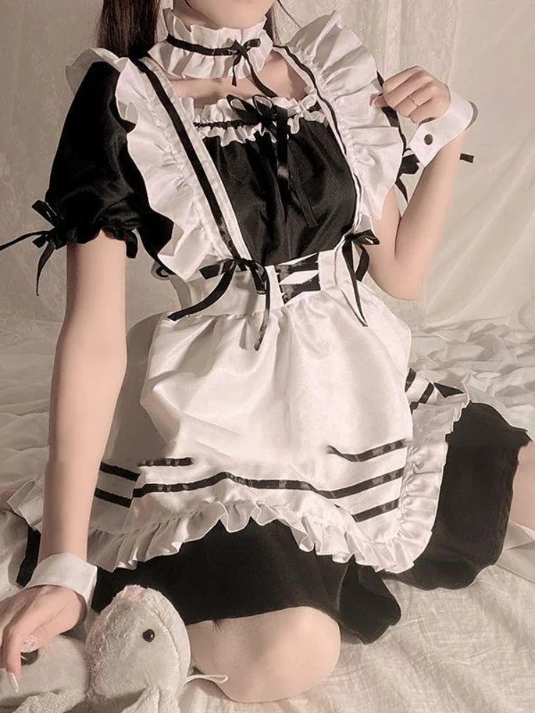 Costume de serveuse Lolita pour femme, robe de femme de chambre, tablier français, uniforme de nuisette chaude, lingerie sexy, costume de cosplay, 7 plis, jouer de même