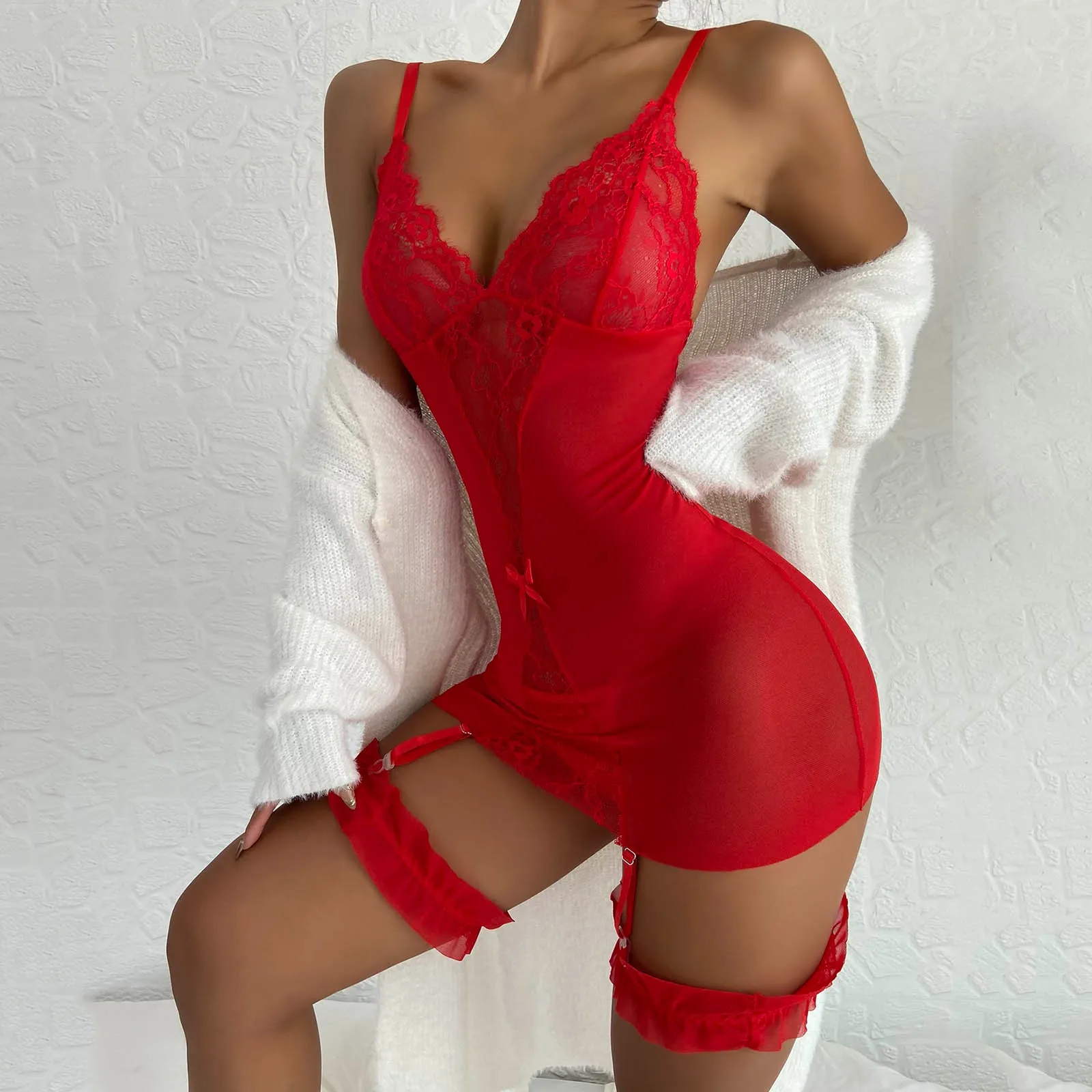Nuisette sexy en dentelle pour femmes, sous-vêtements, porte-jarretelles, costume en maille, vêtements de nuit