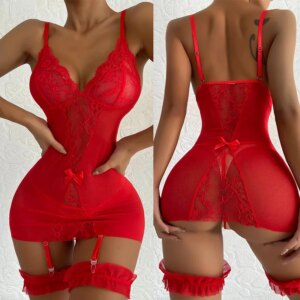 Nuisette sexy en dentelle pour femmes, sous-vêtements, porte-jarretelles, costume en maille, vêtements de nuit