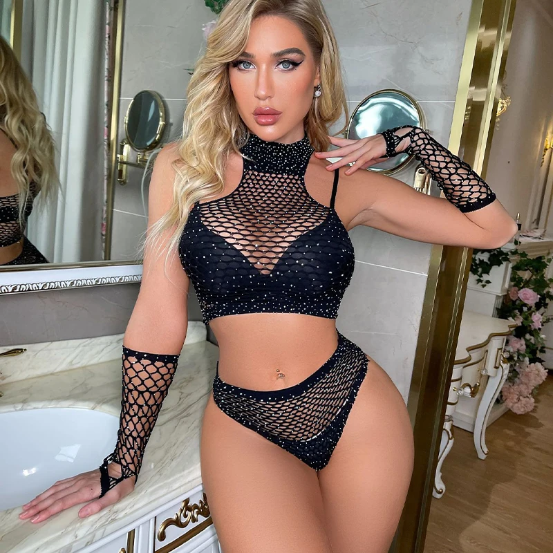 Vêtements de nuit corset en résille pour femmes, costume de batterie incurvé, grande taille, sexy, également style, flash, diamant, robe, lingerie pour femmes, 7.0