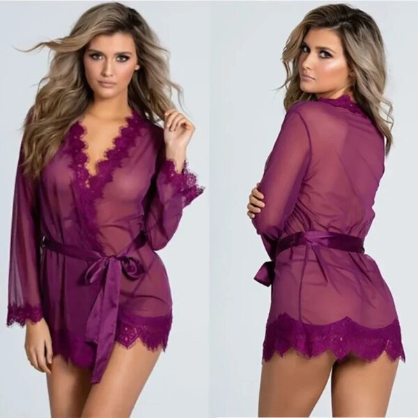 Robe de nuit en dentelle transparente pour femmes, lingerie sexy, vêtements de nuit, sous-vêtements féminins, costume, nuisette, chaud, sexe – Image 3