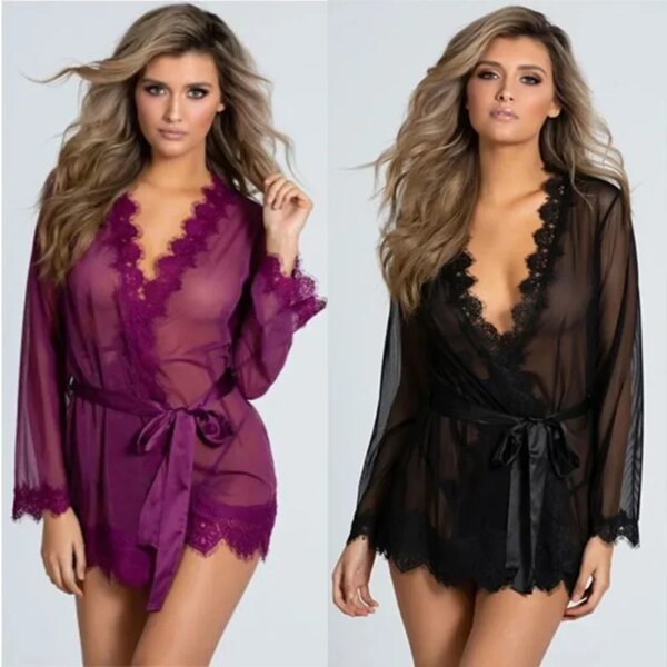 Robe de nuit en dentelle transparente pour femmes, lingerie sexy, vêtements de nuit, sous-vêtements féminins, costume, nuisette, chaud, sexe – Image 4