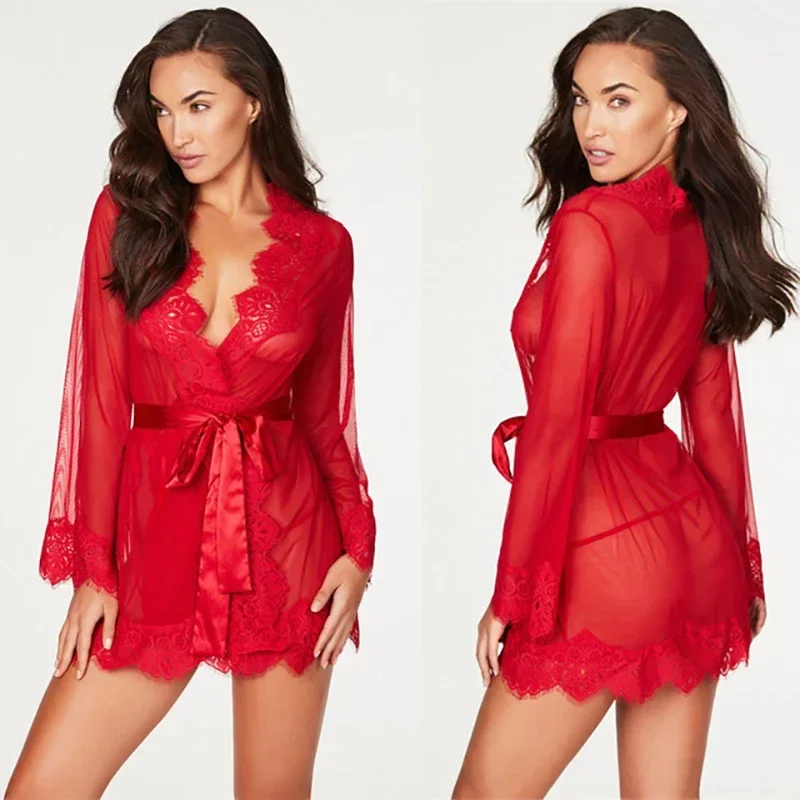 Robe de nuit en dentelle transparente pour femmes, lingerie sexy, vêtements de nuit, sous-vêtements féminins, costume, nuisette, chaud, sexe
