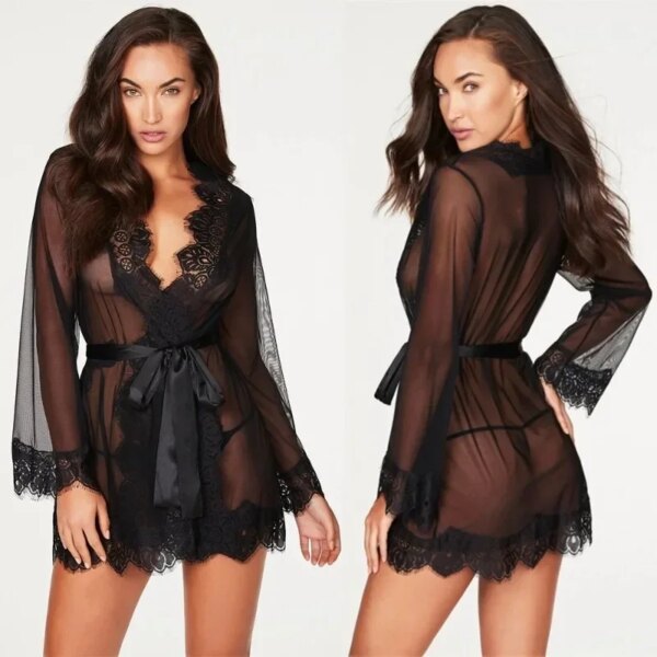 Robe de nuit en dentelle transparente pour femmes, lingerie sexy, vêtements de nuit, sous-vêtements féminins, costume, nuisette, chaud, sexe