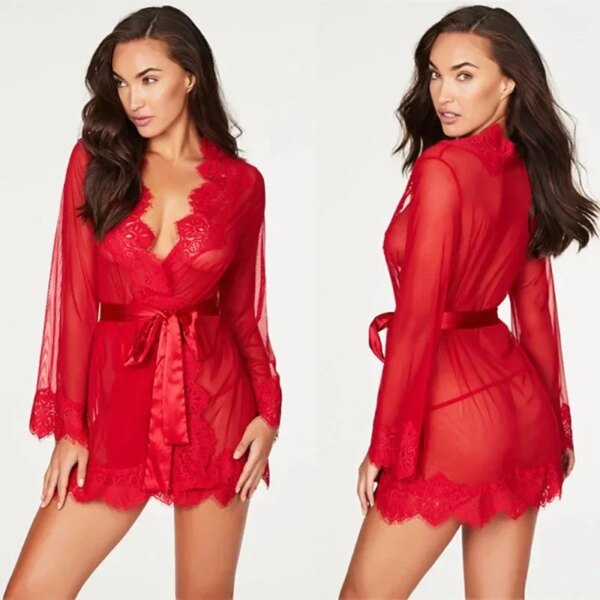 Robe de nuit en dentelle transparente pour femmes, lingerie sexy, vêtements de nuit, sous-vêtements féminins, costume, nuisette, chaud, sexe – Image 2