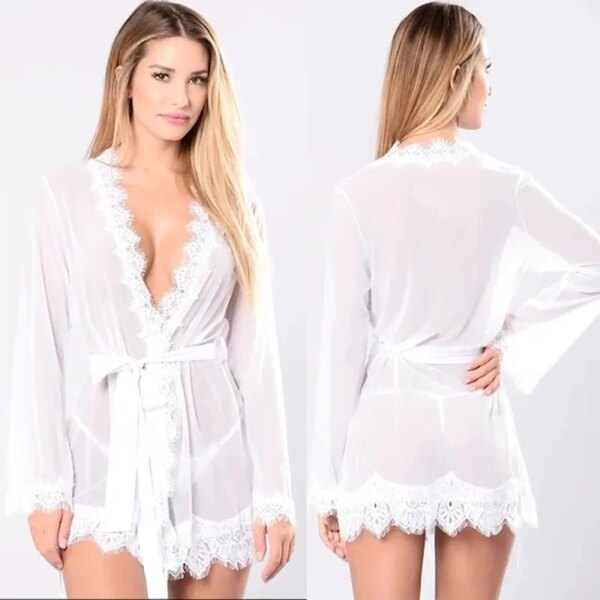Robe de nuit en dentelle transparente pour femmes, lingerie sexy, vêtements de nuit, sous-vêtements féminins, costume, nuisette, chaud, sexe – Image 5