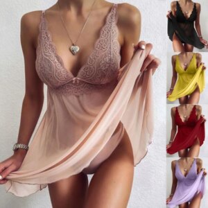 Lingerie en dentelle transparente pour femmes, vêtements de nuit à entrejambe ouvert, sous-vêtements sexy, vêtements de nuit pour dames, grande taille