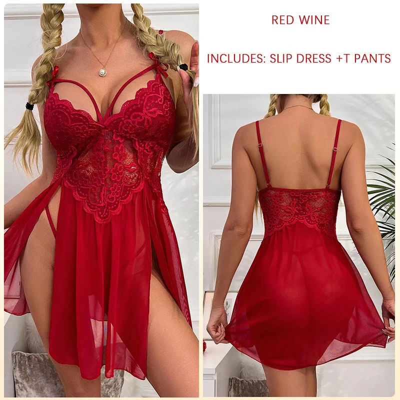 Ensemble pyjama sexy pour femmes, sous-vêtements, dentelle, bretelles, lingerie, ouvert, sommeil, chemise de nuit, g-slice, vêtements de nuit, 7.0