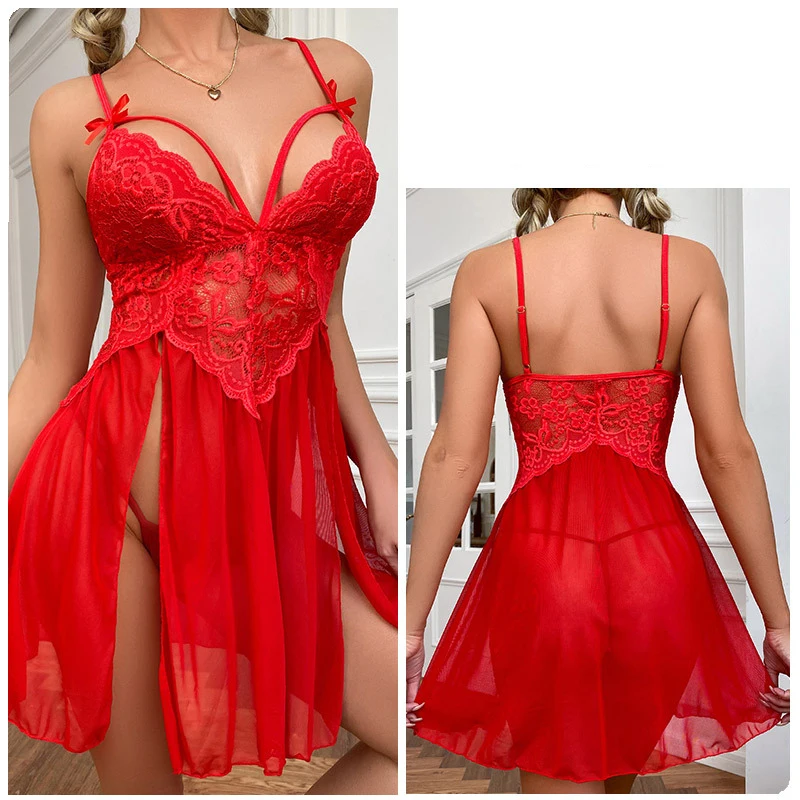 Ensemble pyjama sexy pour femmes, sous-vêtements, dentelle, bretelles, lingerie, ouvert, sommeil, chemise de nuit, g-slice, vêtements de nuit, 7.0
