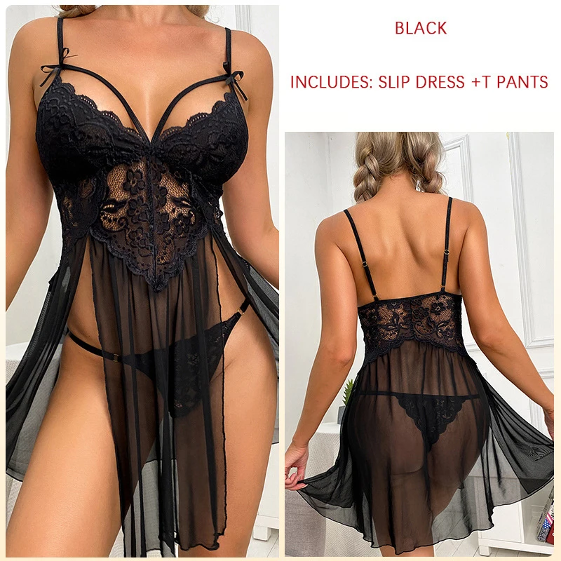 Ensemble pyjama sexy pour femmes, sous-vêtements, dentelle, bretelles, lingerie, ouvert, sommeil, chemise de nuit, g-slice, vêtements de nuit, 7.0