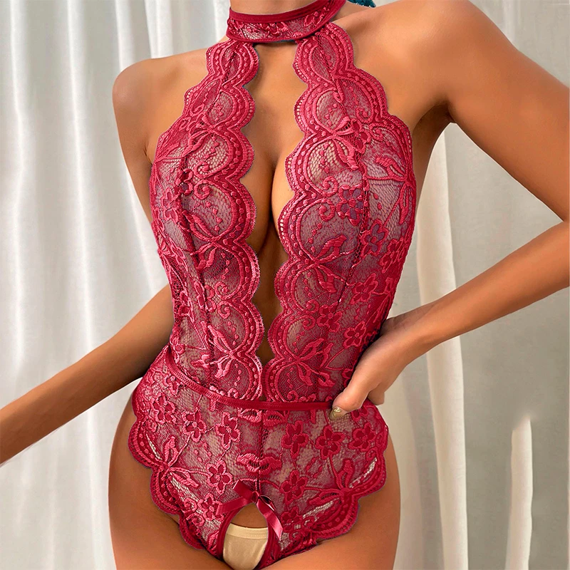 Lingerie sexy en dentelle pour femmes, bretelles en v profond, maille ouverte, mince, sous-vêtements d'aviation, ensemble sexy, grandes robes xxxl