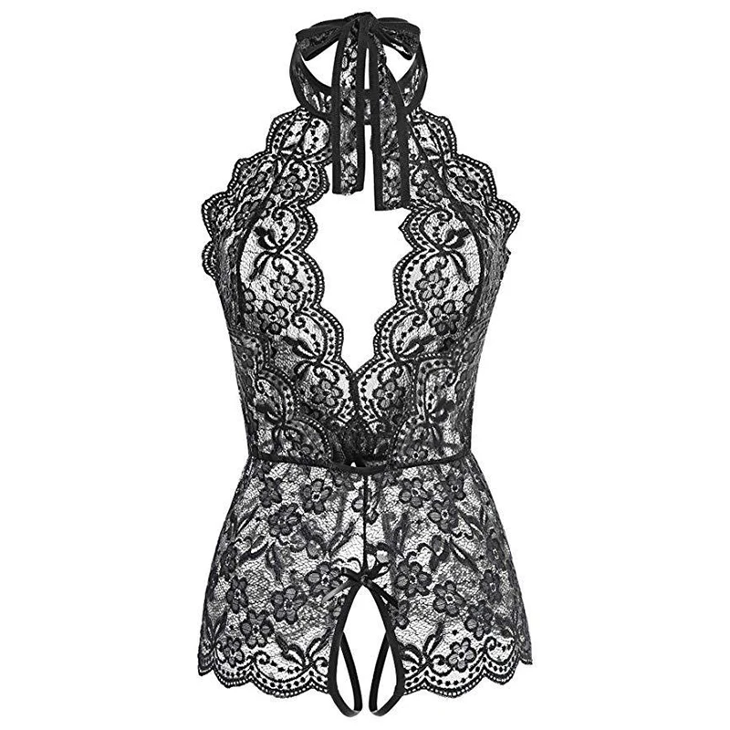 Lingerie sexy en dentelle pour femmes, bretelles en v profond, maille ouverte, mince, sous-vêtements d'aviation, ensemble sexy, grandes robes xxxl