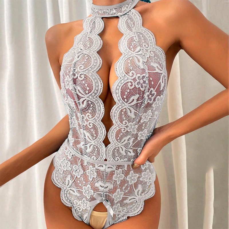 Lingerie sexy en dentelle pour femmes, bretelles en v profond, maille ouverte, mince, sous-vêtements d'aviation, ensemble sexy, grandes robes xxxl