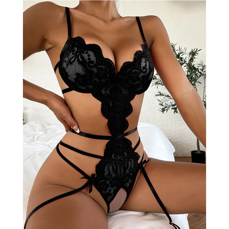 Ensemble de pyjama nuisette en dentelle sans couture pour femme, soutien-gorge ouvert en V profond, corset sans entrejambe, costume de batterie, lingerie sexuelle romantique, vert, transparent, chaud