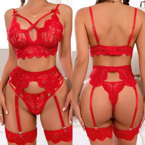 Lingerie 3 pièces soutien-gorge et culotte pour femmes, sous-vêtements sexuels, nuisette porno, robe en dentelle chaude, costume de batterie sexy, costume de même costume, 7.0 – Image 2