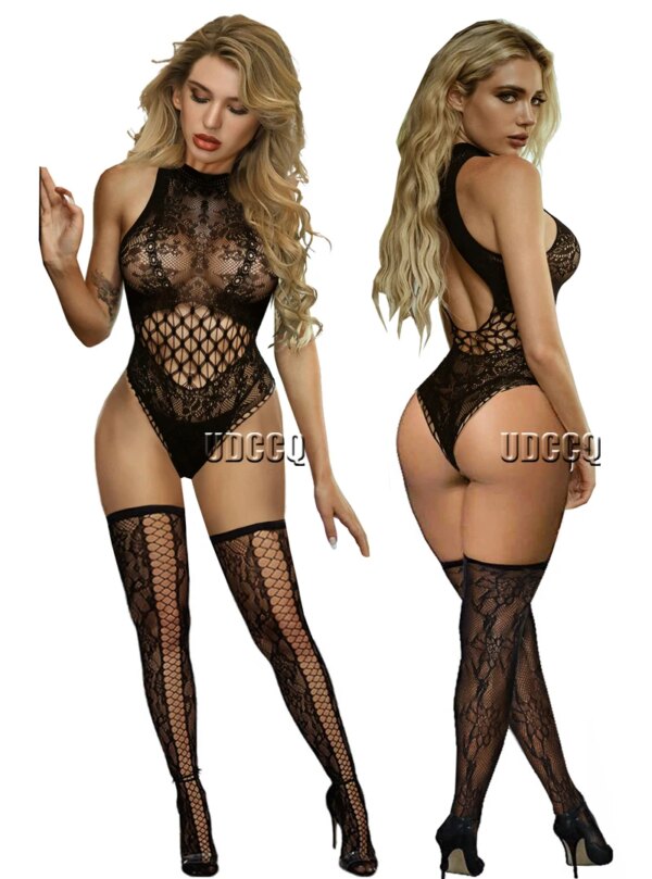 Bas de corps en résille pour femmes, lingerie sexy, collants sexy, vêtements de nuit doux, pyjamas grande taille, costume de batterie, sous-vêtements pour dames – Image 4