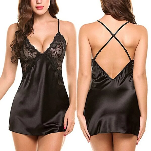 Chemise de nuit sexy en satin 7.0, lingerie en dentelle, haut en fibre, avec string, pyjama, nuisette – Image 2