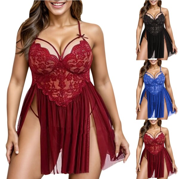 Lingerie sexy en dentelle pour femmes, ensemble deux pièces, nuisettes avec string, lingerie brodée, tentation, grande taille – Image 2