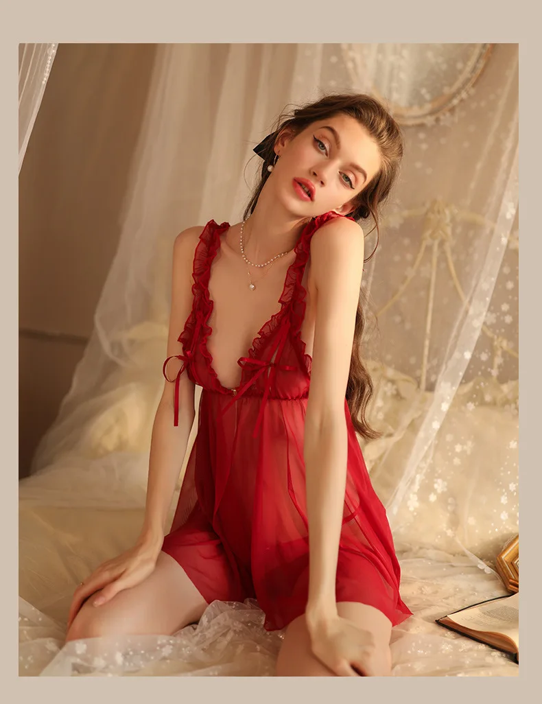 Kawaii Lace Nightdress for Women, Lingerie Pyjamas Set, Off-Initiated Tulle Temptation, See Through fur s, Cosplay Costumes, 7.0