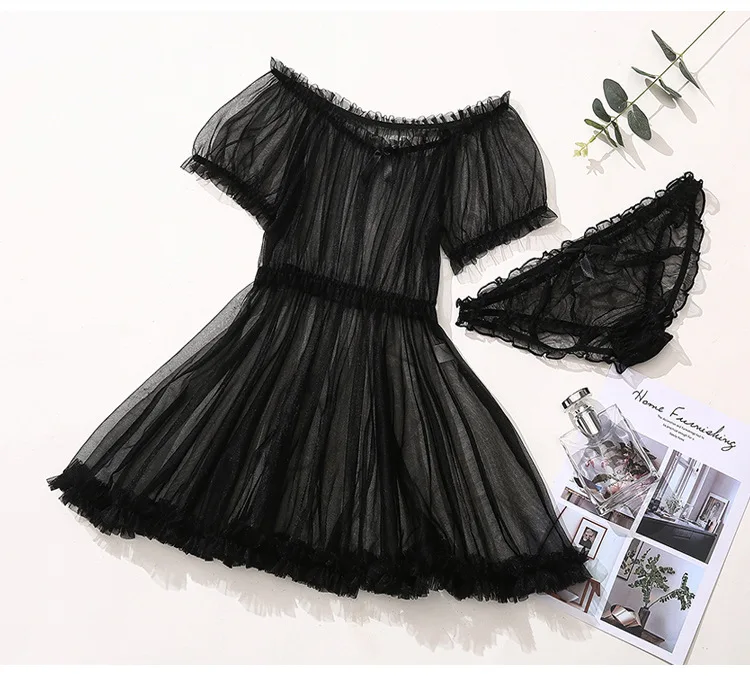 Kawaii Lace Nightdress for Women, Lingerie Pyjamas Set, Off-Initiated Tulle Temptation, See Through fur s, Cosplay Costumes, 7.0