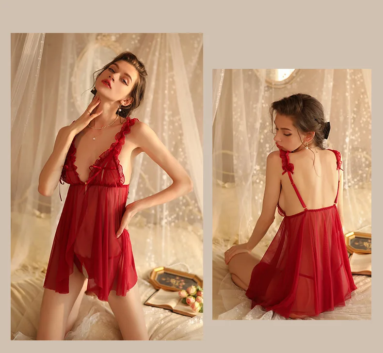 Kawaii Lace Nightdress for Women, Lingerie Pyjamas Set, Off-Initiated Tulle Temptation, See Through fur s, Cosplay Costumes, 7.0
