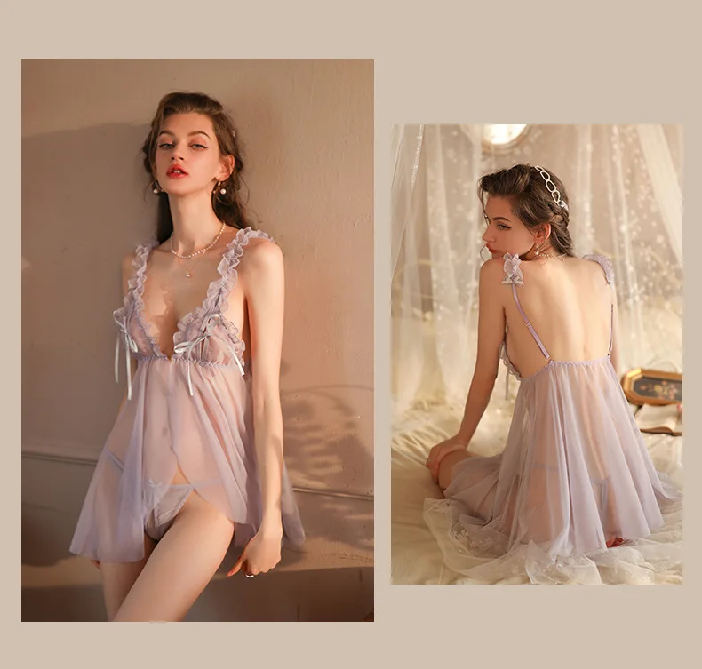 Kawaii Lace Nightdress for Women, Lingerie Pyjamas Set, Off-Initiated Tulle Temptation, See Through fur s, Cosplay Costumes, 7.0