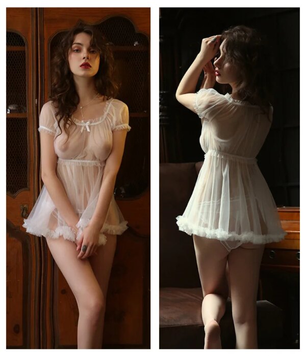 Kawaii Lace Nightdress for Women, Lingerie Pyjamas Set, Off-Initiated Tulle Temptation, See Through fur s, Cosplay Costumes, 7.0 – Image 3
