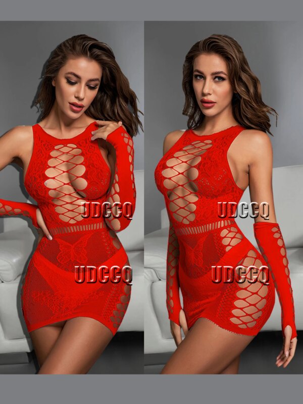 Vêtements de nuit sexy, nuisette, lingerie érotique, tentation, sans bretelles, manches longues, catsuit, robe + gants – Image 5