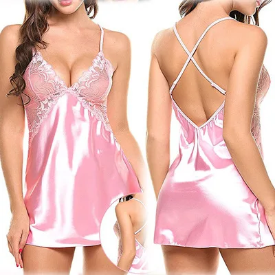 Chemise de nuit en Satin pour femmes, Sexy, Lingerie, ensemble pyjama, nuisette, Costumes sexuels, érotiques, robe exotique, grande taille