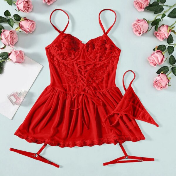 Chemise de nuit sexy en dentelle et maille transparente pour femme, string, pyjama, lingerie, vêtements de nuit, 7.0 – Image 3
