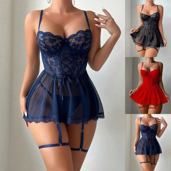 Chemise de nuit sexy en dentelle et maille transparente pour femme, string, pyjama, lingerie, vêtements de nuit, 7.0