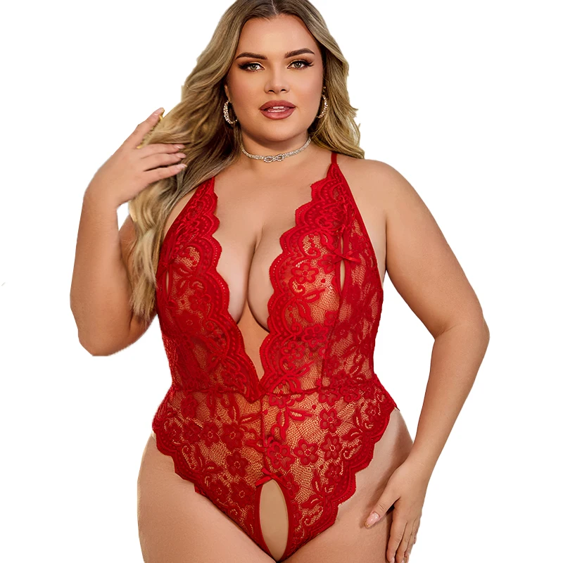 XL-4XL grande taille femmes vêtements noir évider batterie costume Sexy femme corps une pièce dentelle Lingerie 7.0 sans entrejambe robe fétiche