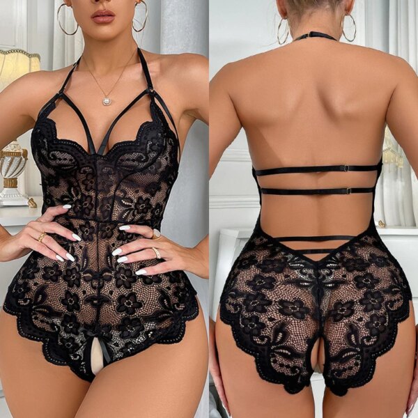 Lingerie sexy en dentelle pour femmes, sous-vêtements coquins, nuisette ouverte à l'entrejambe, costume de batterie, costume de corps porno, robe chaude, 7.0