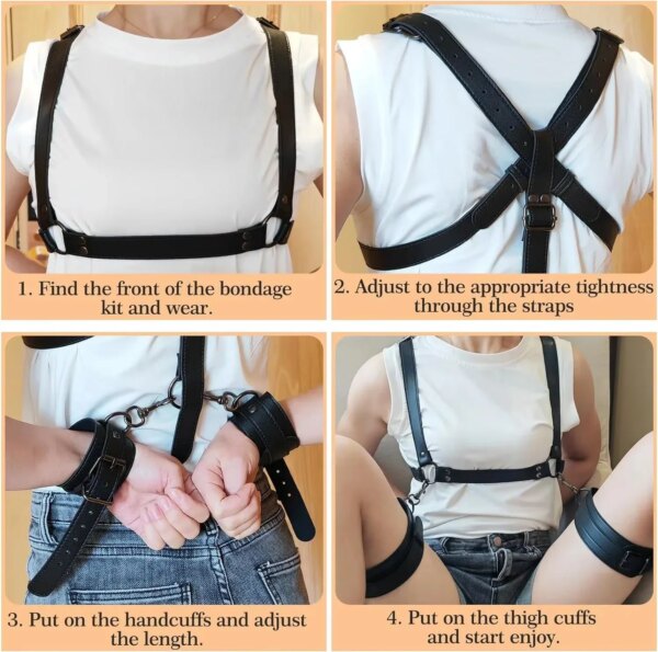 Kit de retenue BDSM Sex Bondage, 3 en 1, cuir, cuisse, fronde, poitrine, ceinture derrière le dos, menottes, jambes ouvertes, SM, SSashFetish, 2025 Nouveau – Image 6
