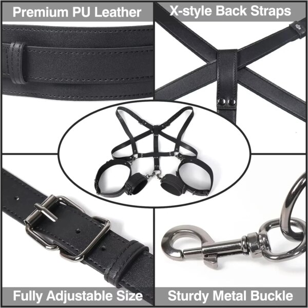 Kit de retenue BDSM Sex Bondage, 3 en 1, cuir, cuisse, fronde, poitrine, ceinture derrière le dos, menottes, jambes ouvertes, SM, SSashFetish, 2025 Nouveau – Image 4