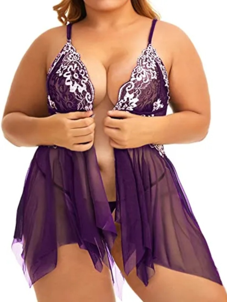 Nuisette en Dentelle Transparente à Col en V pour Femme, Chemise de Nuit Sexy, Lingerie, Devant Ouvert, Grande Taille
