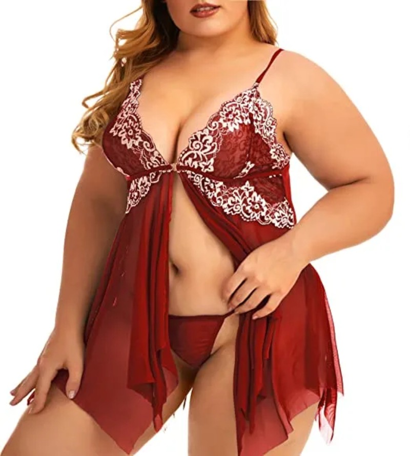 Nuisette en Dentelle Transparente à Col en V pour Femme, Chemise de Nuit Sexy, Lingerie, Devant Ouvert, Grande Taille