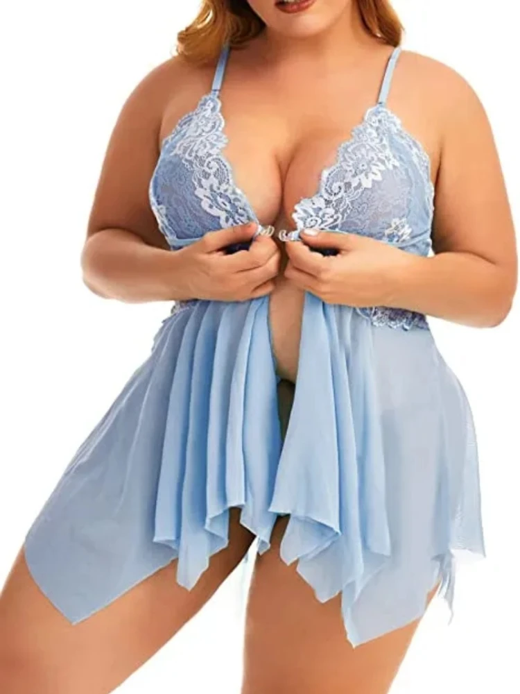 Nuisette en Dentelle Transparente à Col en V pour Femme, Chemise de Nuit Sexy, Lingerie, Devant Ouvert, Grande Taille