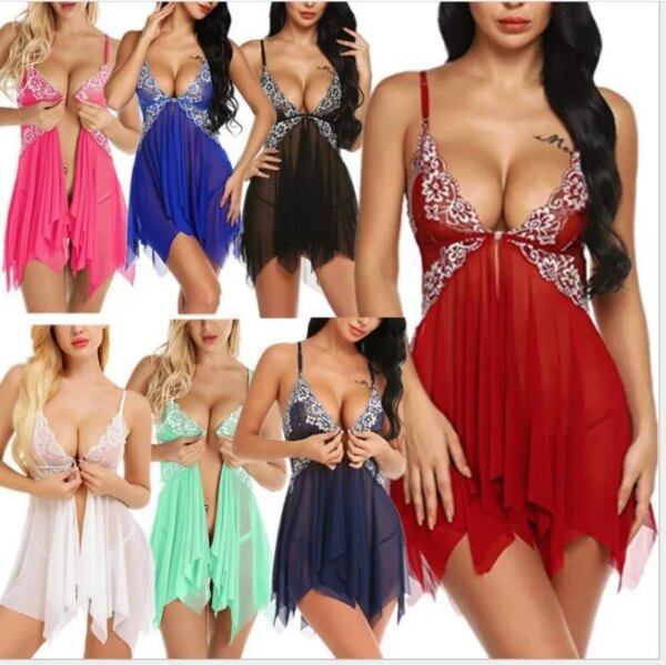 Nuisette en Dentelle Transparente à Col en V pour Femme, Chemise de Nuit Sexy, Lingerie, Devant Ouvert, Grande Taille – Image 6