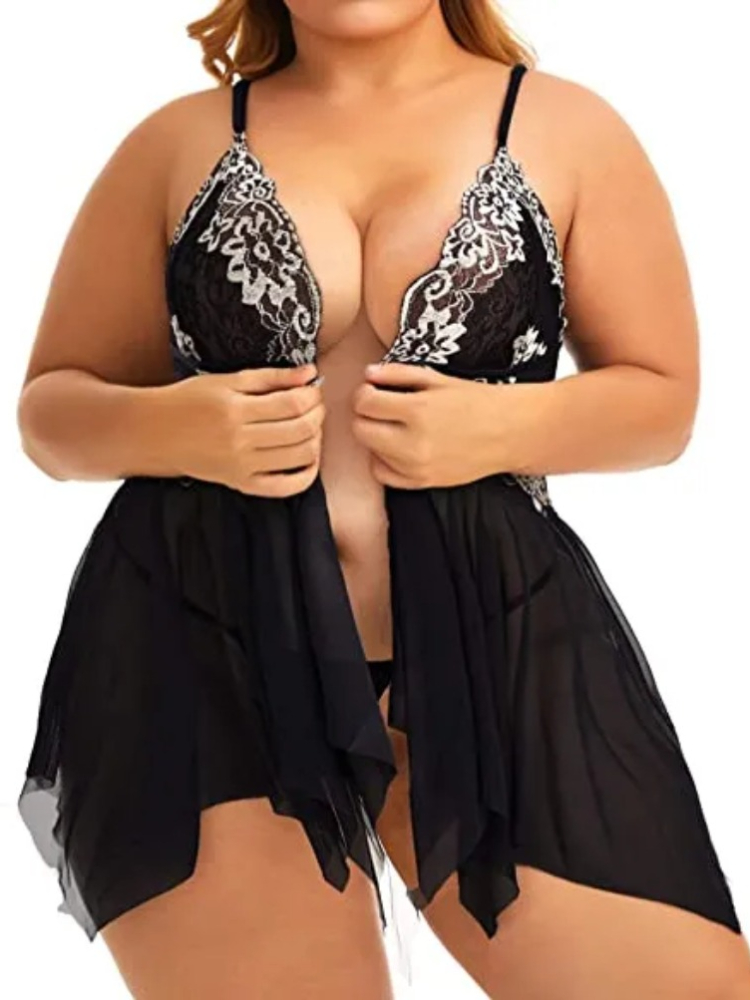 Nuisette en Dentelle Transparente à Col en V pour Femme, Chemise de Nuit Sexy, Lingerie, Devant Ouvert, Grande Taille