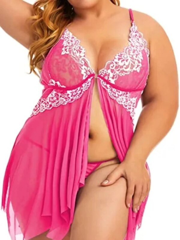 Nuisette en Dentelle Transparente à Col en V pour Femme, Chemise de Nuit Sexy, Lingerie, Devant Ouvert, Grande Taille – Image 4
