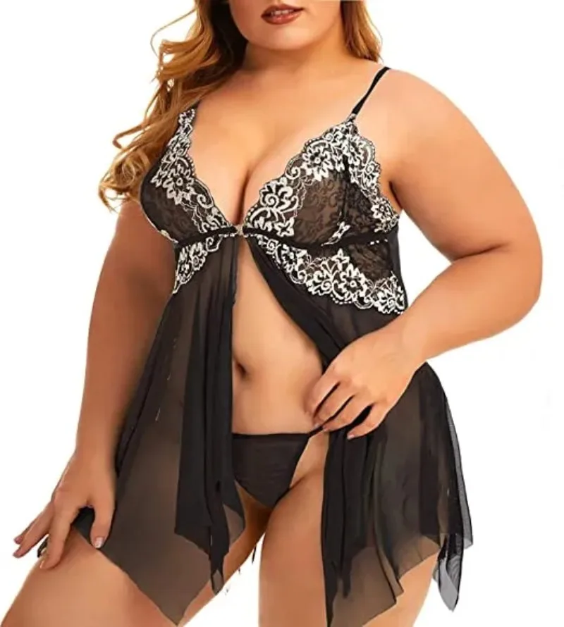 Nuisette en Dentelle Transparente à Col en V pour Femme, Chemise de Nuit Sexy, Lingerie, Devant Ouvert, Grande Taille