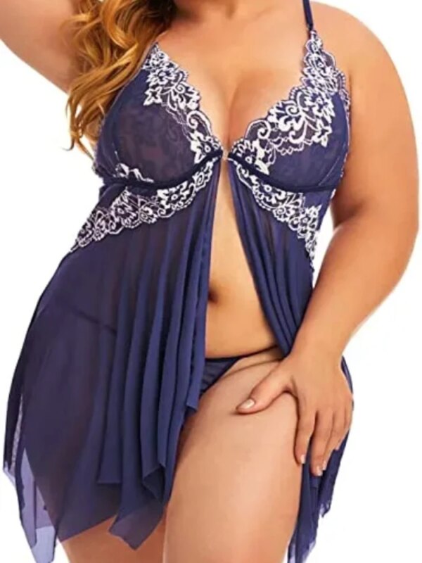 Nuisette en Dentelle Transparente à Col en V pour Femme, Chemise de Nuit Sexy, Lingerie, Devant Ouvert, Grande Taille – Image 5