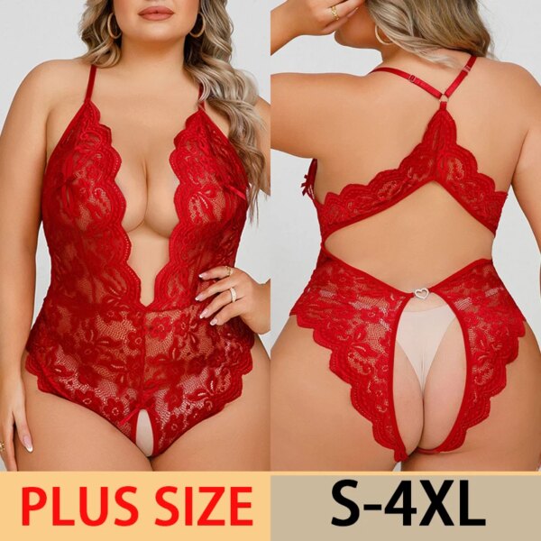 Lingerie sans entrejambe en dentelle pour femme, pyjama, nuisette, soutien-gorge ouvert en V profond, ensemble de sous-vêtements, costume de batterie creux, robe sexy, grande taille, 7.0