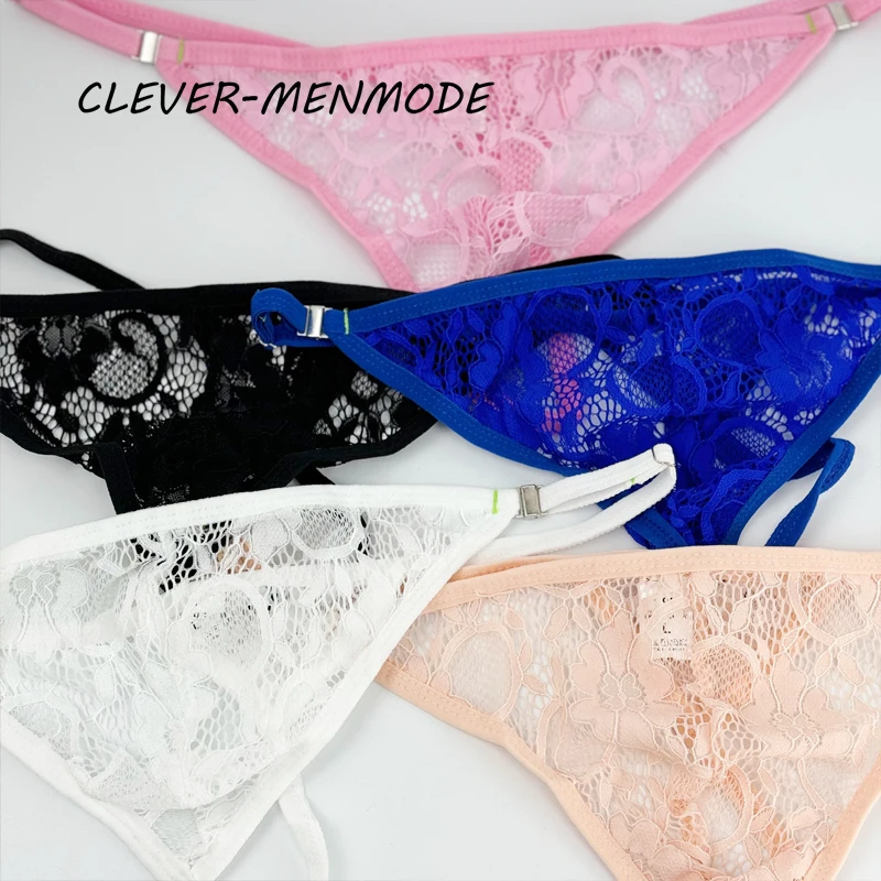 Hommes Sexy Dentelle String Boucle Latérale Sangle Ajustable G-String Sous-Vêtements Exotique Dentelle Transparente Culotte Bas du corps Mini Mankini