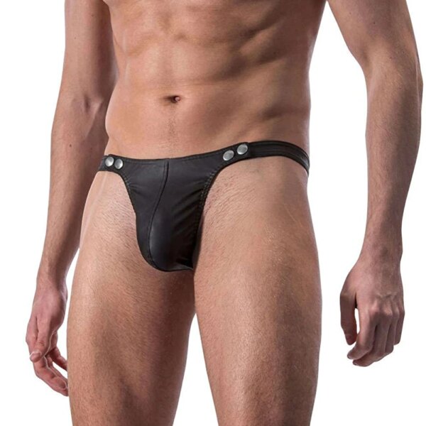 String sexy en cuir PU pour hommes, slip gay respirant, slip en T, bout ouvert pour le sexe, mini caleçon masculin taille basse – Image 2